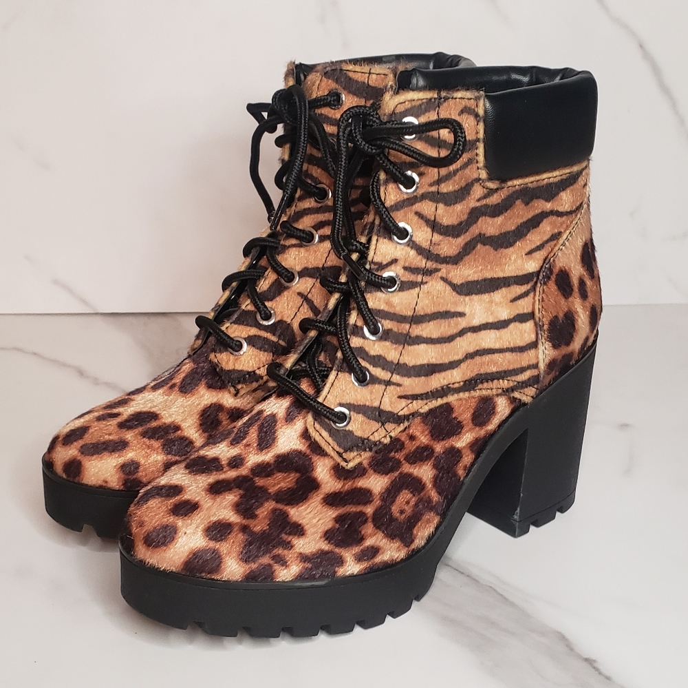 NEW Aldo Nispel Mixed Animal Print Faux Horsehair Lug Sole Lace-Up Booties
